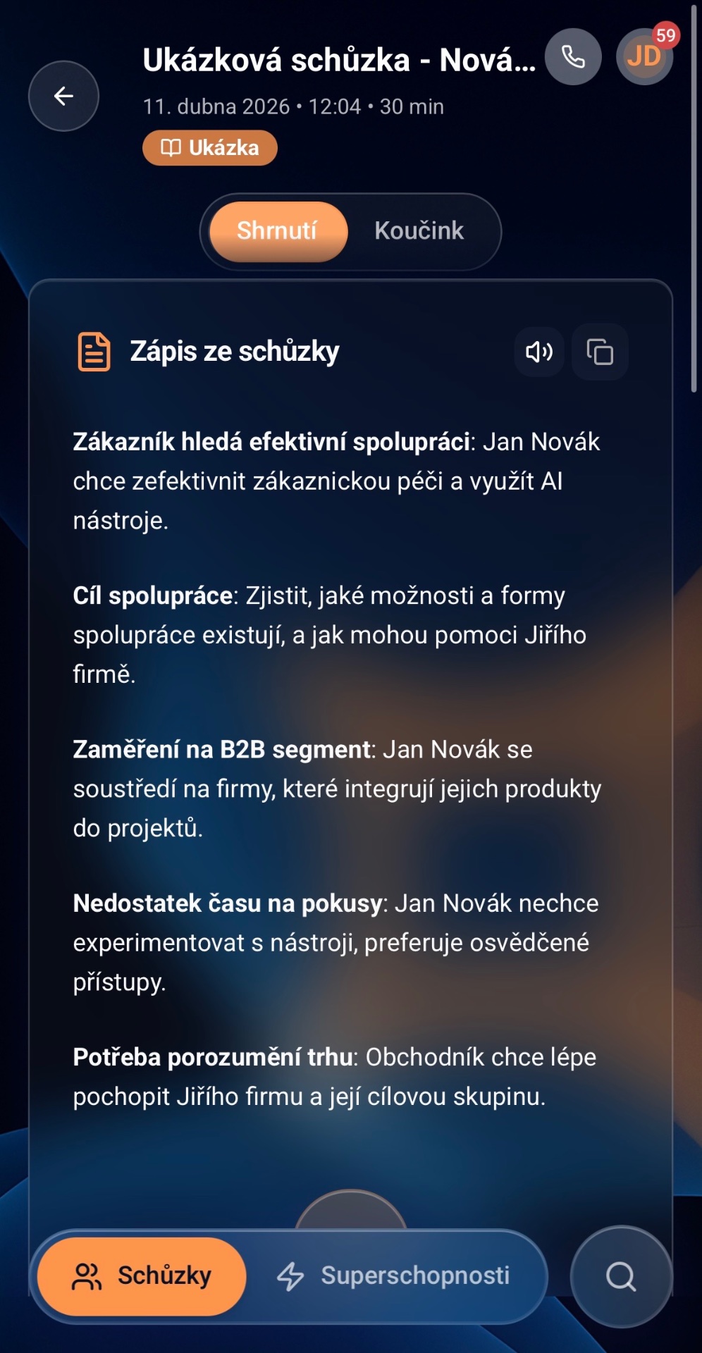 Automatické shrnutí schůzky v Prospirio Hubu